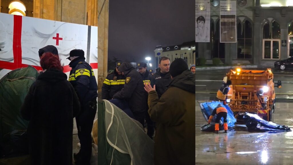 „თქვენს უსაფრთხოებას ვიცავთ“ - გვიან ღამით პარლამენტთან გაშლილი კარვები პოლიციამ ისევ აიღო